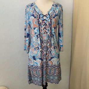 Sandiva PaisleyFloral LaceUpNeck LongSleeve Dress